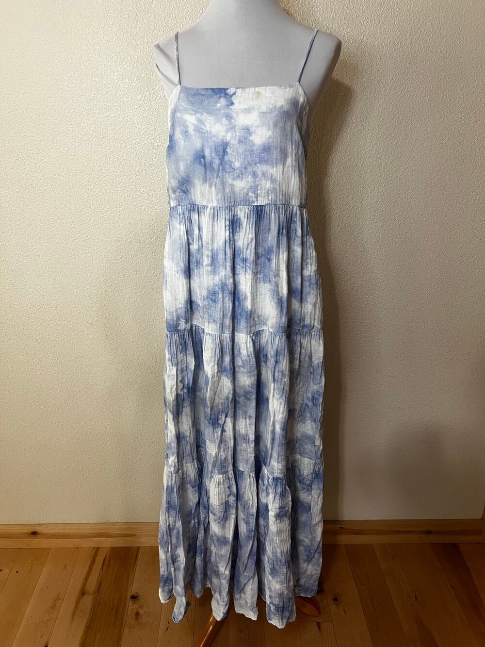 Jonathan Simkhai Swim Clarissa blue white tie dye tiered maxi dress MEDIUM